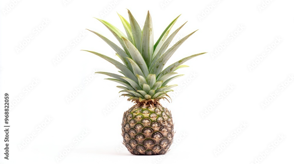 A fresh pineapple with a spiky green crown on a white background. A fresh pineapple with a spiky green crown on a white background.
