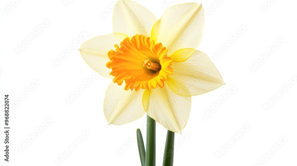 A vibrant daffodil with yellow petals and a central trumpet-shaped structure. A vibrant daffodil with yellow petals and a central trumpet-shaped structure.