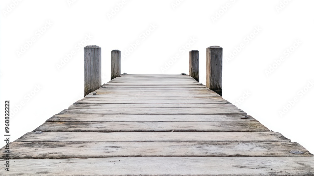 A wooden dock extending into a bright, empty space, suggesting tranquility and solitude. A wooden dock extending into a bright, empty space, suggesting tranquility and solitude.