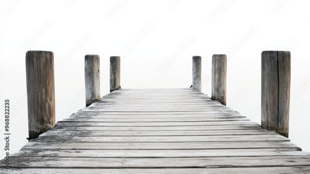 A serene wooden dock extending into a foggy, tranquil body of water. A serene wooden dock extending into a foggy, tranquil body of water.