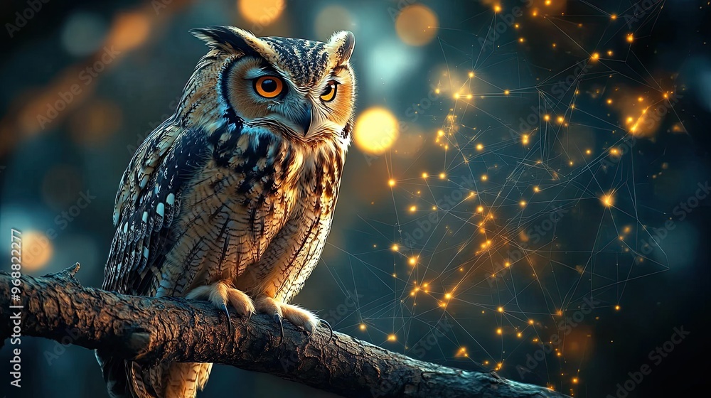 Clever Owl Perched on Branch with Abstract Tech Elements Clever Owl Perched on Branch with Abstract Tech Elements
