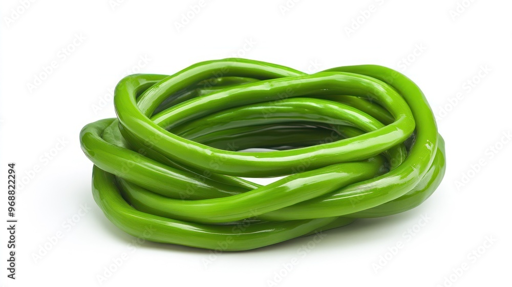 A twisted, glossy green object resembling a flexible sculpture or decorative item. A twisted, glossy green object resembling a flexible sculpture or decorative item.