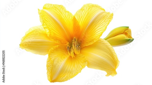 A vibrant yellow flower with intricate petals and a budding bloom.