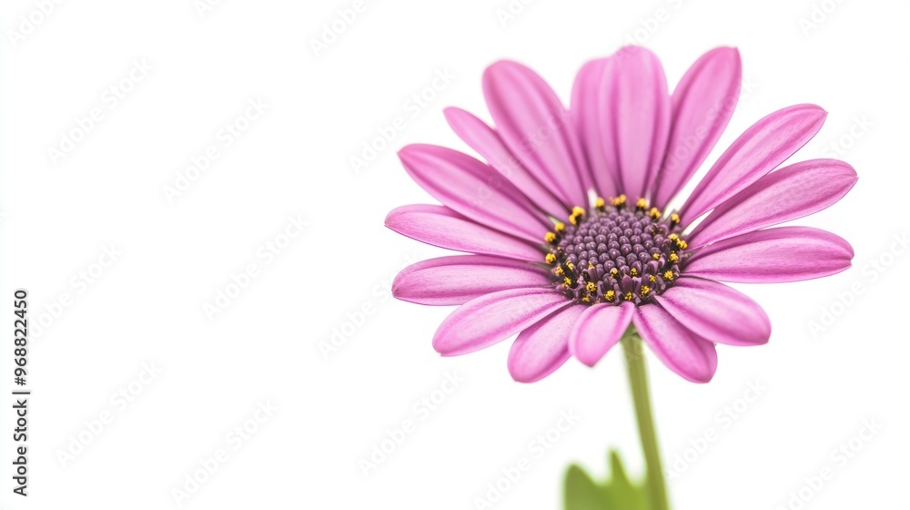 A close-up of a pink flower with delicate petals and a green stem against a white background. A close-up of a pink flower with delicate petals and a green stem against a white background.
