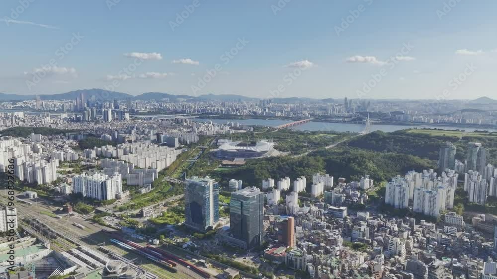 Drone View of Seoul city in South Korea, Sangam, broadcasting station, summer, 60fps Drone View of Seoul city in South Korea, Sangam, broadcasting station, summer, 60fps