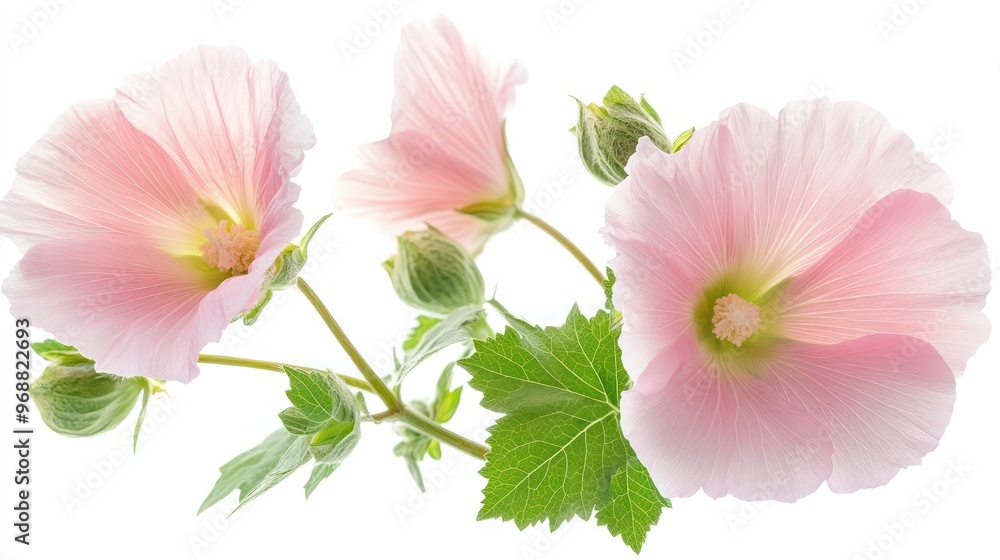 A cluster of delicate pink flowers with green leaves and buds against a white background. A cluster of delicate pink flowers with green leaves and buds against a white background.