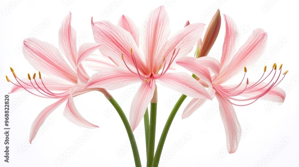 Fototapeta premium A cluster of pink flowers with delicate petals and long stamens against a white background.