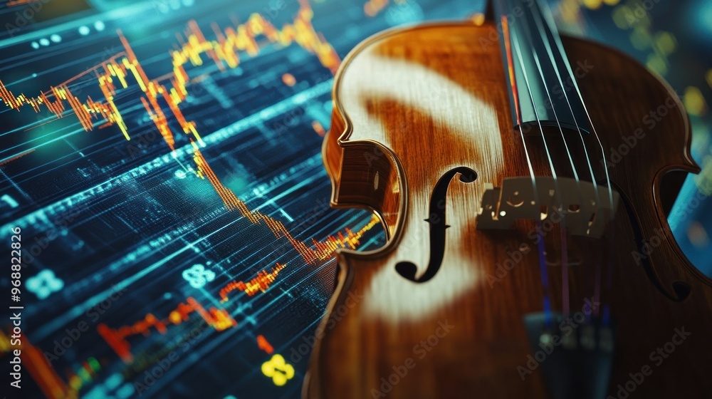 Fototapeta premium Violin Close-Up Against Stock Market Data