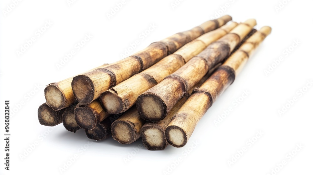A bundle of sugarcane stalks arranged on a white background. A bundle of sugarcane stalks arranged on a white background.