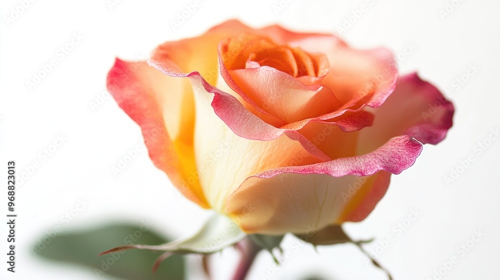 A close-up of a beautiful rose with soft orange and pink hues against a light background. A close-up of a beautiful rose with soft orange and pink hues against a light background.