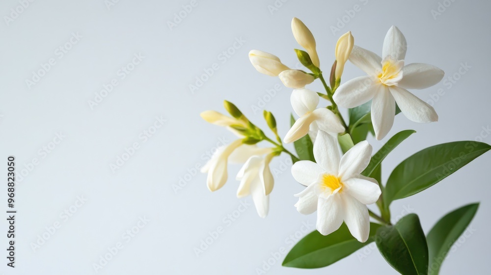 A close-up of white flowers with green leaves against a light background. A close-up of white flowers with green leaves against a light background.