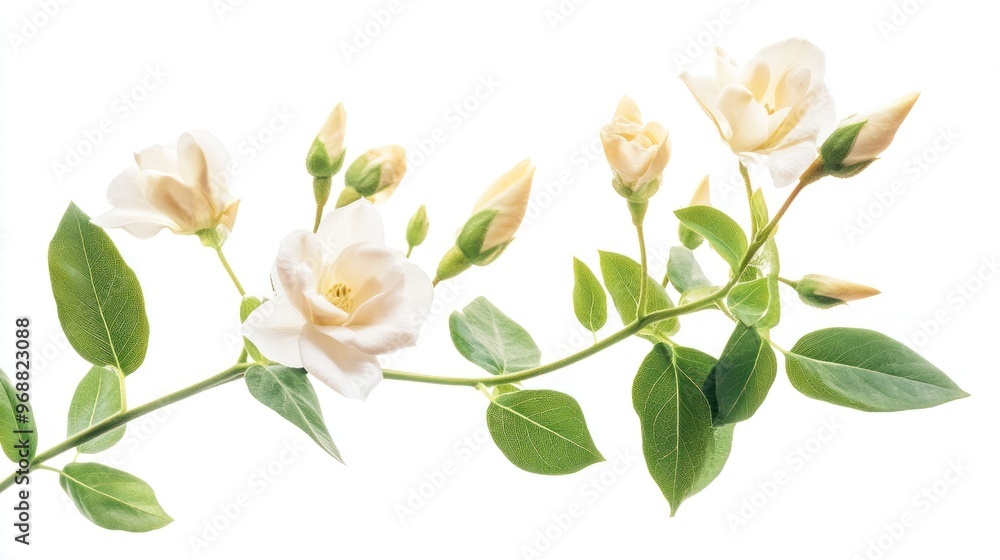 A delicate arrangement of white flowers and buds on a green vine against a bright background. A delicate arrangement of white flowers and buds on a green vine against a bright background.