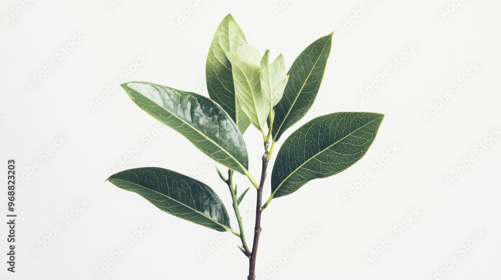 A close-up of a green plant branch with fresh leaves against a white background. A close-up of a green plant branch with fresh leaves against a white background.