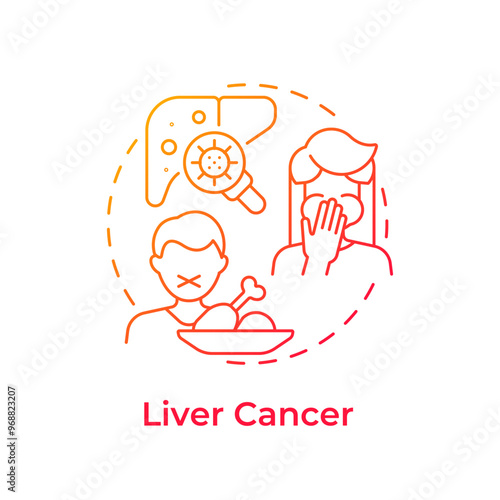 Liver cancer red gradient concept icon. Type of oncology. Liver disease. Hepatitis. Nausea and appetit loss. Round shape line illustration. Abstract idea. Graphic design. Easy to use in article