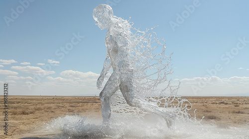 A human figure made entirely of flowing water, standing in a dry desert, representing the clash of elements