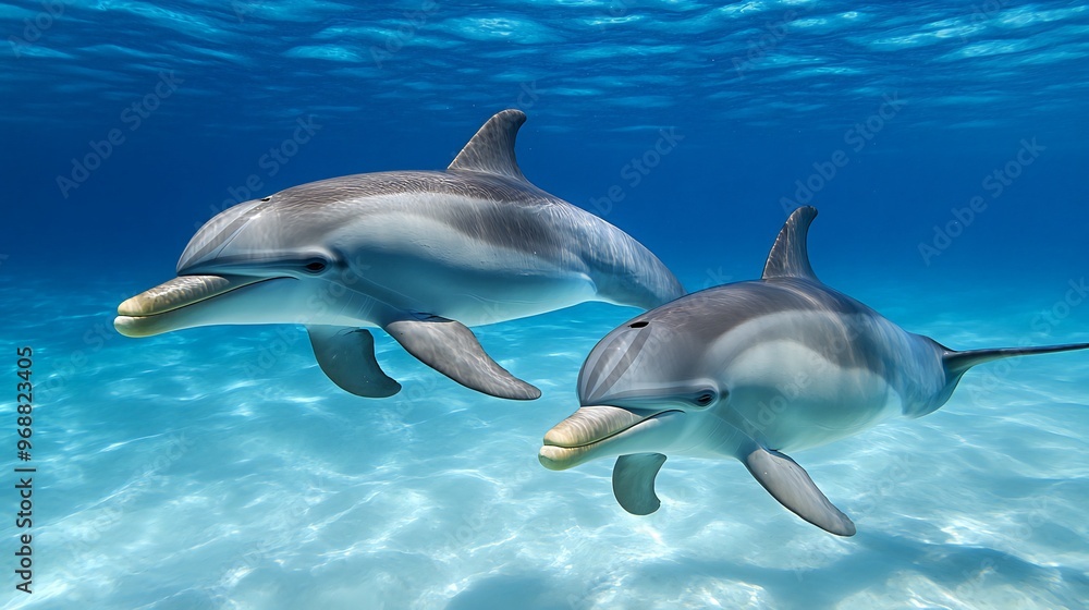 Two playful dolphins swim together in clear blue water. Two playful dolphins swim together in clear blue water.