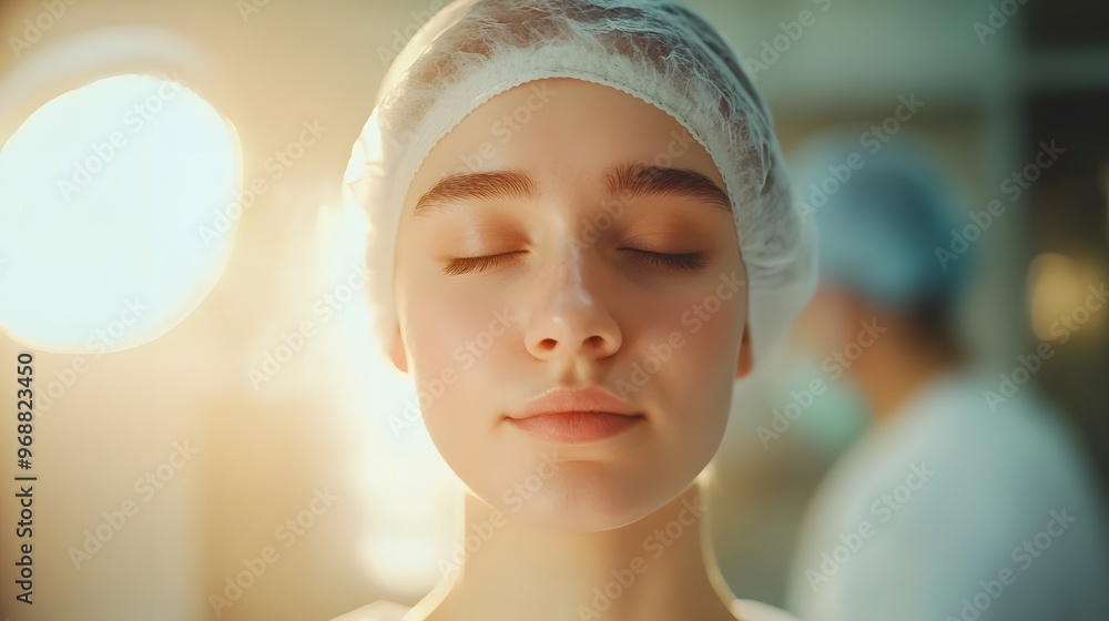 A person face showing relief and fatigue after surgery, surrounded by a softly lit clinic room, warm light with blurred details of medical staff and equipment, mood of emotional release and healing A person face showing relief and fatigue after surgery, surrounded by a softly lit clinic room, warm light with blurred details of medical staff and equipment, mood of emotional release and healing