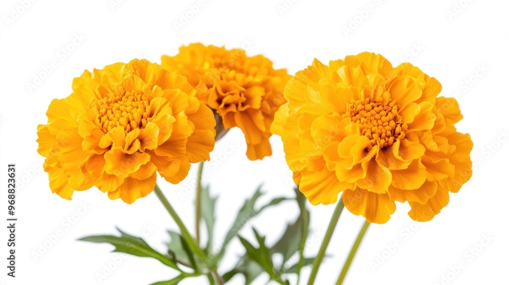 A vibrant display of three yellow marigold flowers with green leaves. A vibrant display of three yellow marigold flowers with green leaves.