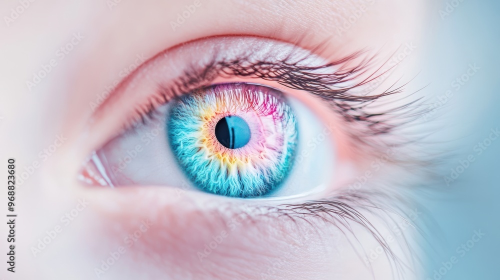 Obraz premium An artistic representation of an eye with a rainbow iris, symbolizing diversity and beauty.