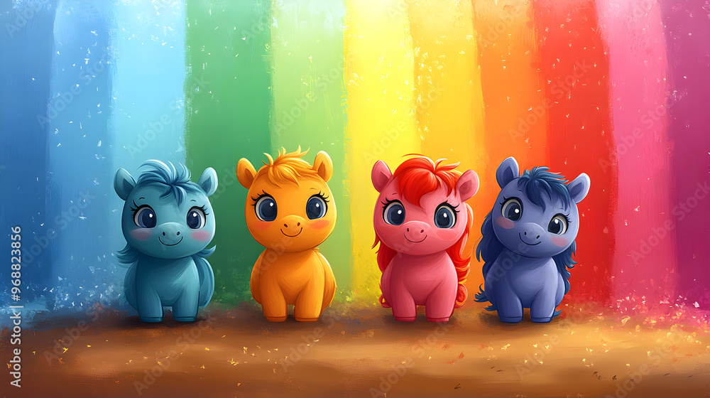 Fototapeta premium Adorable Colorful Cartoon Ponies on Rainbow Background.
