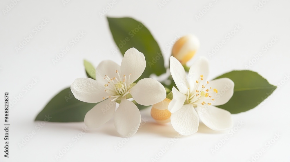 A serene arrangement of white flowers and green leaves on a light background. A serene arrangement of white flowers and green leaves on a light background.