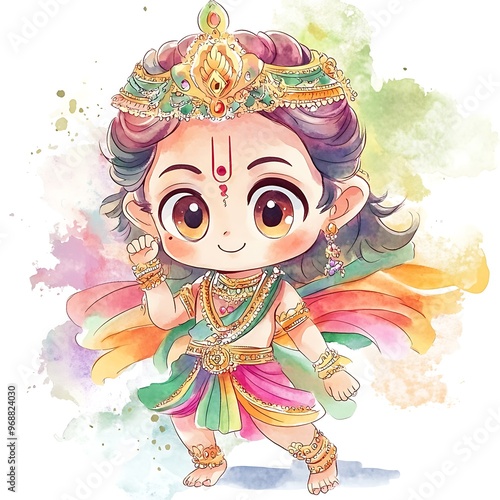 Watercolor Illustration of a Young Hindu God in Traditional Attire. photo