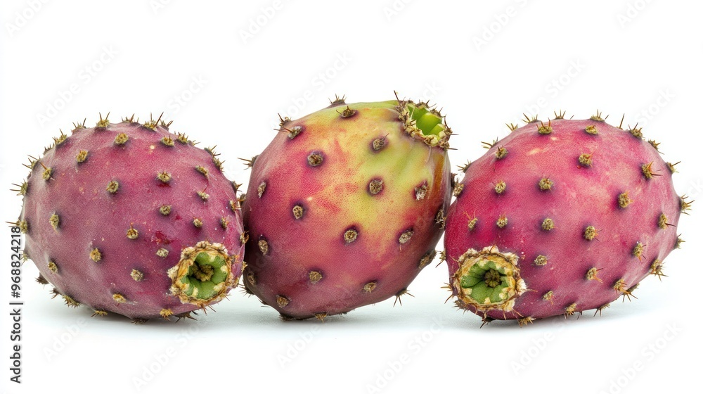 Three prickly pears with vibrant colors and spines, showcasing their natural beauty. Three prickly pears with vibrant colors and spines, showcasing their natural beauty.