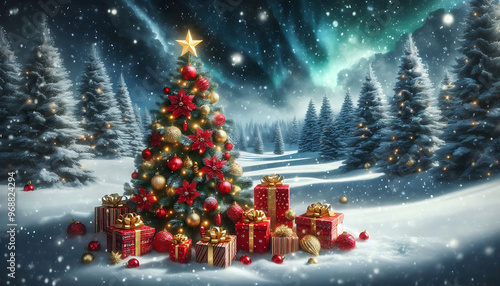 A beautifully decorated christmas tree adorned with red and gold ornaments and topped with a bright star stands in a snowy landscape