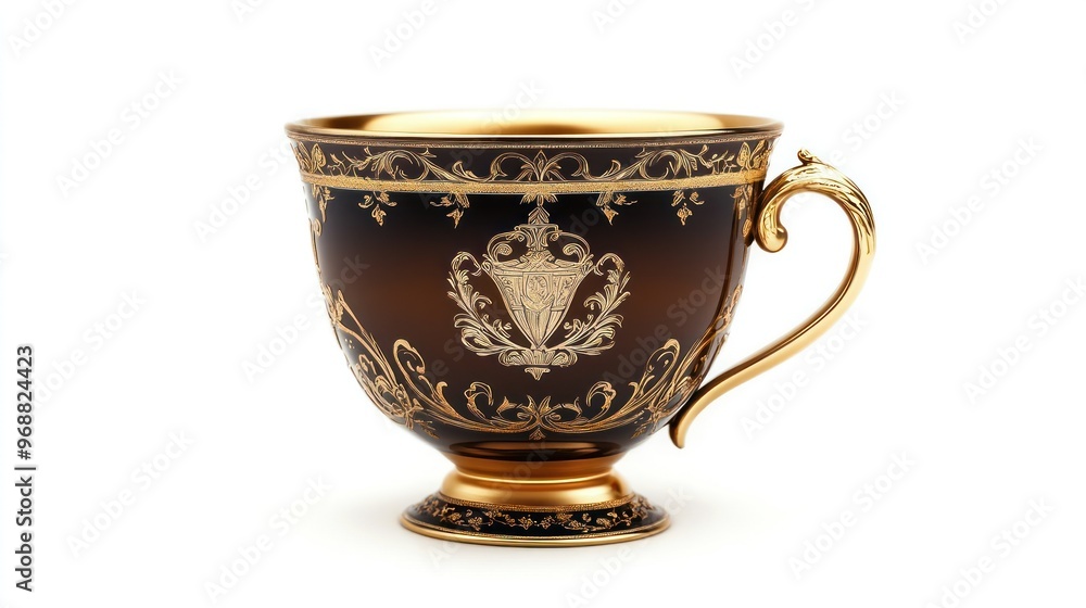 A decorative cup featuring intricate gold detailing and a rich brown finish. A decorative cup featuring intricate gold detailing and a rich brown finish.