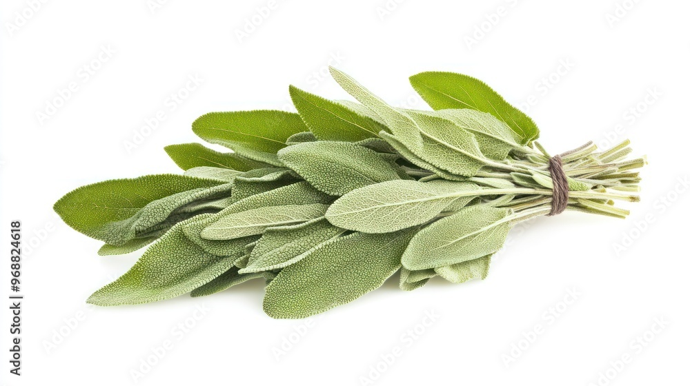 A bundle of fresh sage leaves, often used in cooking and herbal remedies. A bundle of fresh sage leaves, often used in cooking and herbal remedies.