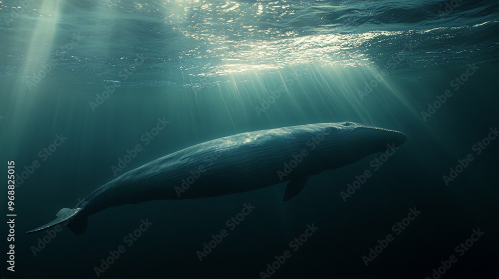 A majestic blue whale swims gracefully through the deep blue ocean, bathed in sunlight streaming down from the surface. A majestic blue whale swims gracefully through the deep blue ocean, bathed in sunlight streaming down from the surface.