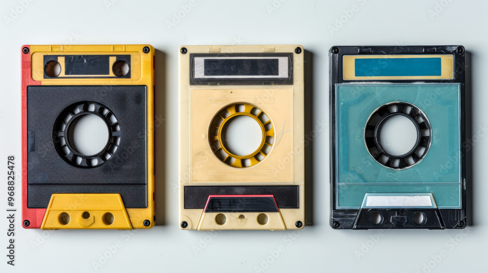 Fototapeta premium A collection of old cassette tapes in various colors and sizes. Concept of nostalgia and a longing for the past, as cassette tapes were once a popular form of music storage and playback.