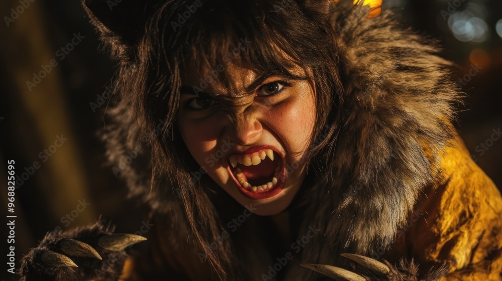 A fierce character in a wolf costume, showcasing an intense expression and dramatic lighting. A fierce character in a wolf costume, showcasing an intense expression and dramatic lighting.