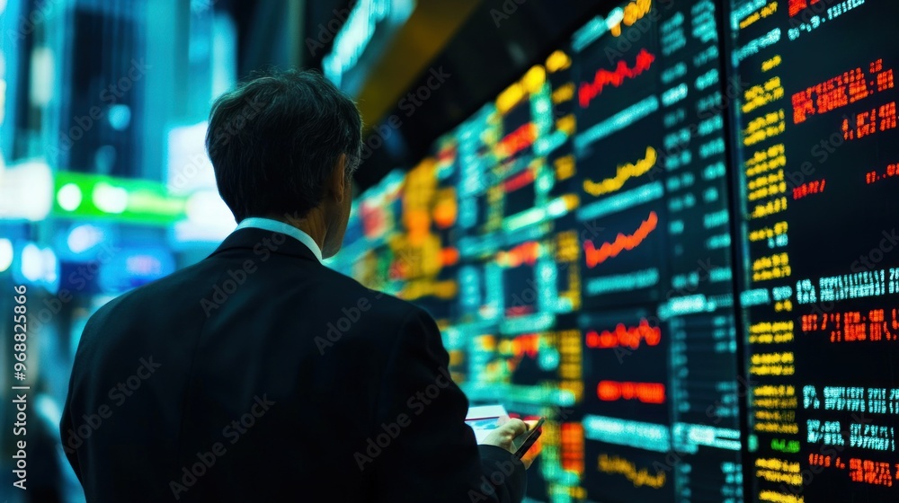 Businessman Looking at Stock Market Data on Display Businessman Looking at Stock Market Data on Display