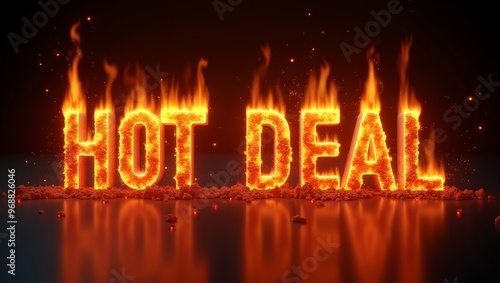 Dynamic HOT DEAL in fiery 3D letters on dark backdrop with sparks for striking visual impact