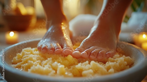 A spa therapist offers a sugarcane treatment for feet in a serene wellness setting with candles