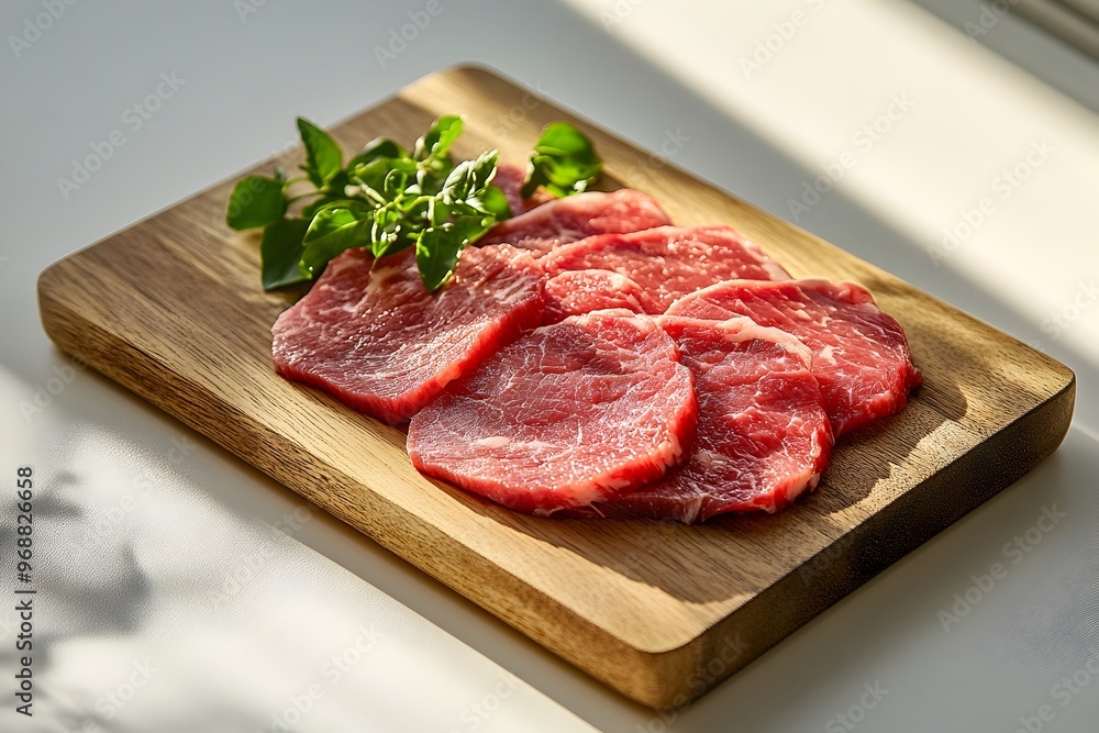 Minimalist Isometric View of Fresh Beef Slices on Wooden Cutting Board Minimalist Isometric View of Fresh Beef Slices on Wooden Cutting Board