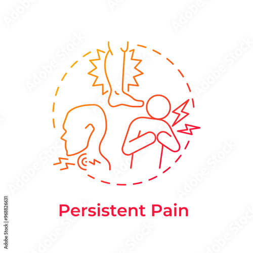 Persistent pain red gradient concept icon. Symptom of cancer. Chronic pain in chest and leg. Muscle sore. Round shape line illustration. Abstract idea. Graphic design. Easy to use in article