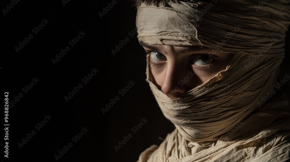 A mysterious figure shrouded in bandages, evoking intrigue and a sense of suspense. A mysterious figure shrouded in bandages, evoking intrigue and a sense of suspense.