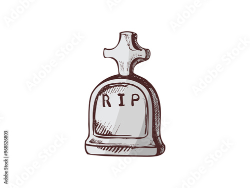 Old hand drawn murble stone tombstone with christian cross and title R.I.P. Rest in peace vector drawing illustration for funeral service, card or last farewell card. Sketch of grave or cemetery