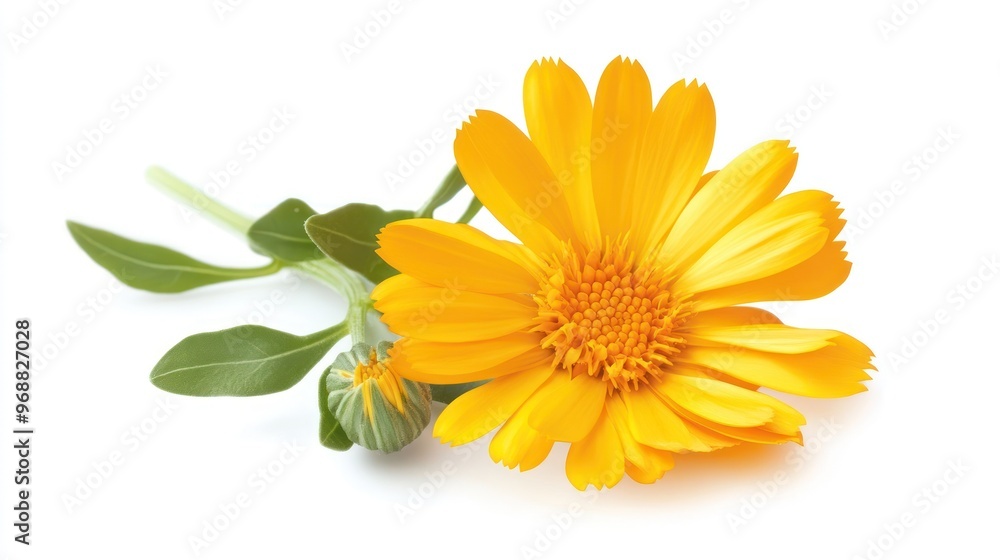 A vibrant yellow flower with green leaves and a bud, showcasing natural beauty. A vibrant yellow flower with green leaves and a bud, showcasing natural beauty.