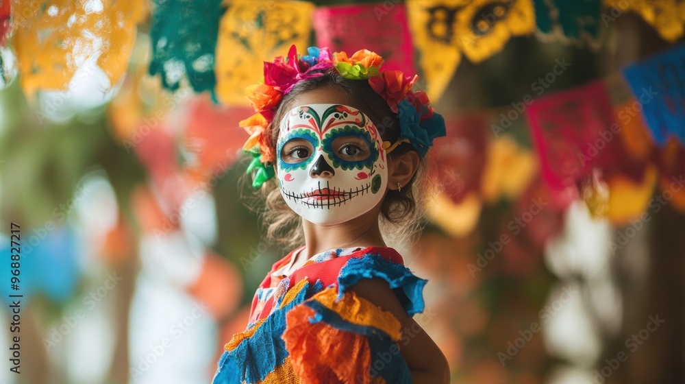 A young girl in colorful attire with traditional face paint celebrating a cultural festival. A young girl in colorful attire with traditional face paint celebrating a cultural festival.