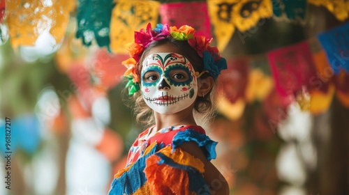 A young girl in colorful attire with traditional face paint celebrating a cultural festival.