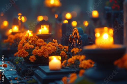 A serene graveyard adorned with glowing candles and vibrant marigolds, creating a reflective atmosphere.