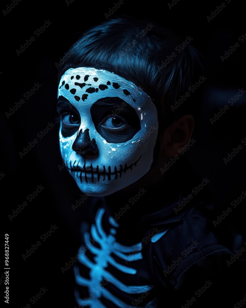 A child in a skeleton costume with face paint, evoking a festive, spooky atmosphere. A child in a skeleton costume with face paint, evoking a festive, spooky atmosphere.