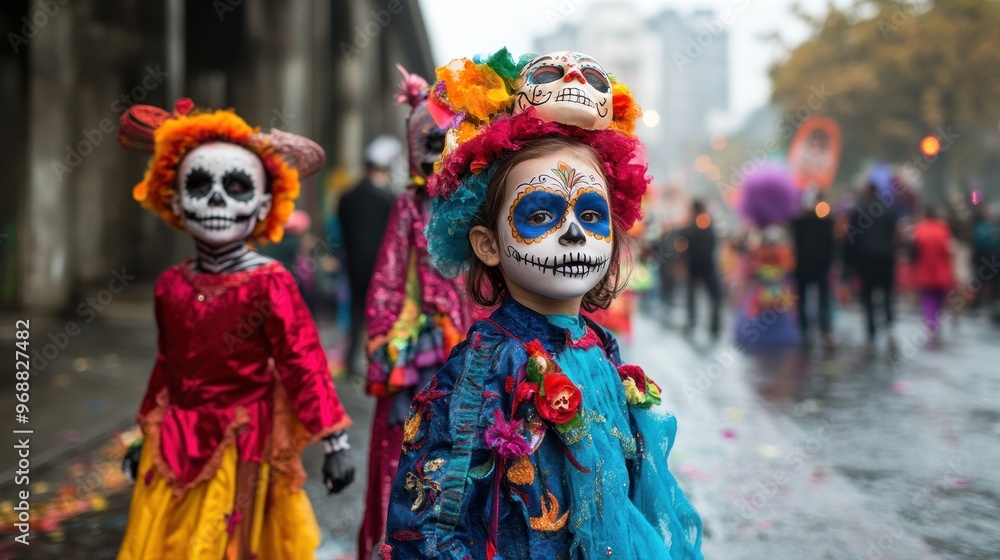 Children in colorful costumes celebrate with painted faces during a festive parade. Children in colorful costumes celebrate with painted faces during a festive parade.