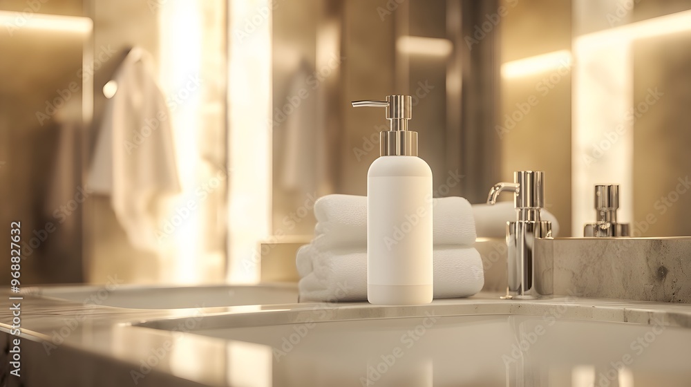 A sleek, minimalist bottle of hand sanitizer gel in an upscale bathroom, luxury design, soft diffused lighting, muted neutral tones with reflective surfaces, mood of elegance and hygiene A sleek, minimalist bottle of hand sanitizer gel in an upscale bathroom, luxury design, soft diffused lighting, muted neutral tones with reflective surfaces, mood of elegance and hygiene