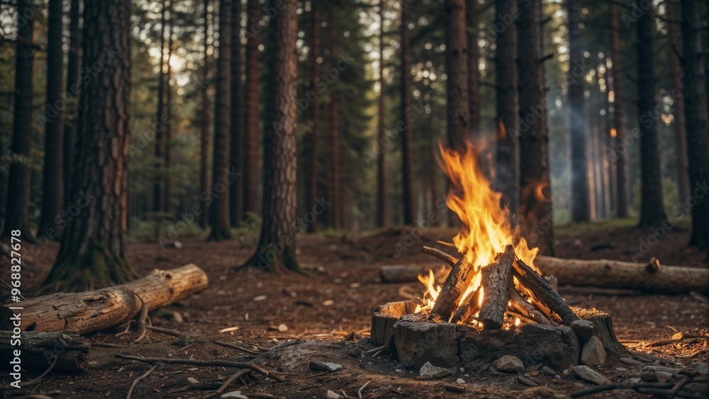 Rustic campfire in a serene forest setting, warm glow for cozy outdoor gatherings and relaxation, copy space Rustic campfire in a serene forest setting, warm glow for cozy outdoor gatherings and relaxation, copy space