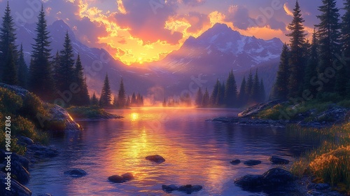 Photorealistic image of a serene mountain lake at sunset with the water reflecting the vibrant colors of the sky and the surrounding pine trees creating a peaceful and tranquil scene