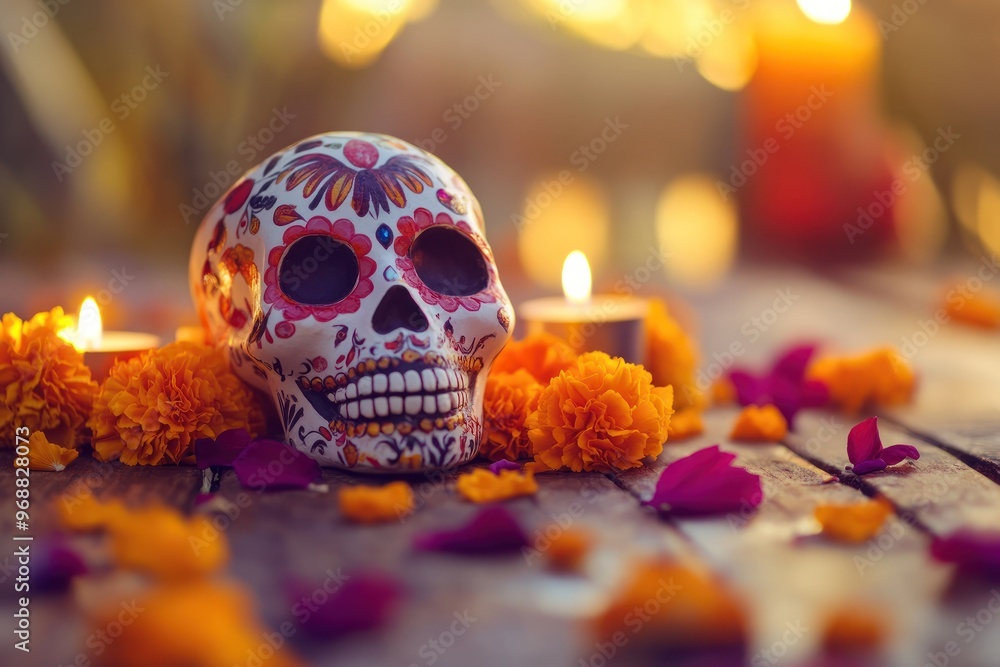 A colorful sugar skull surrounded by marigolds and candles, celebrating D?a de los Muertos. A colorful sugar skull surrounded by marigolds and candles, celebrating D?a de los Muertos.